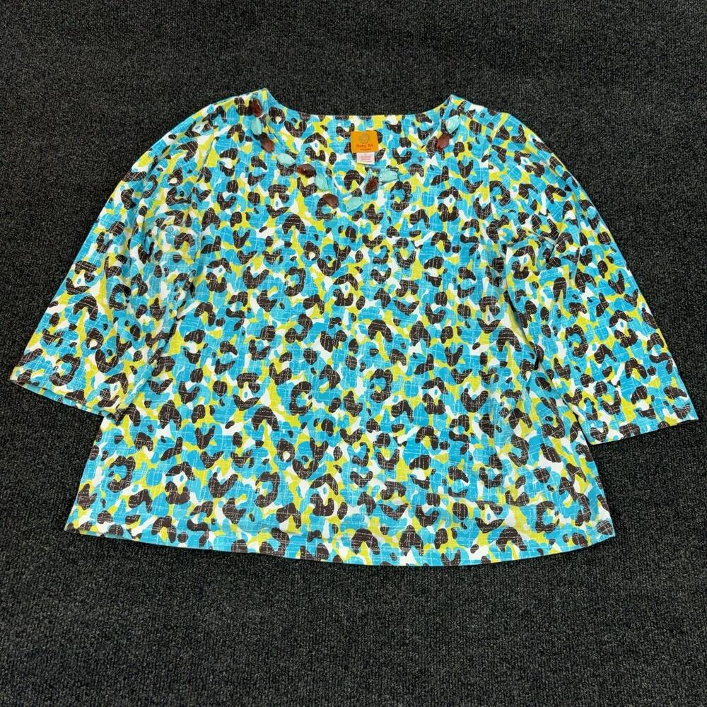 Ruby Rd. Shirt Womens Plus 1X Blue Animal Print Beaded Round Neck 3/4 Sleeve Top